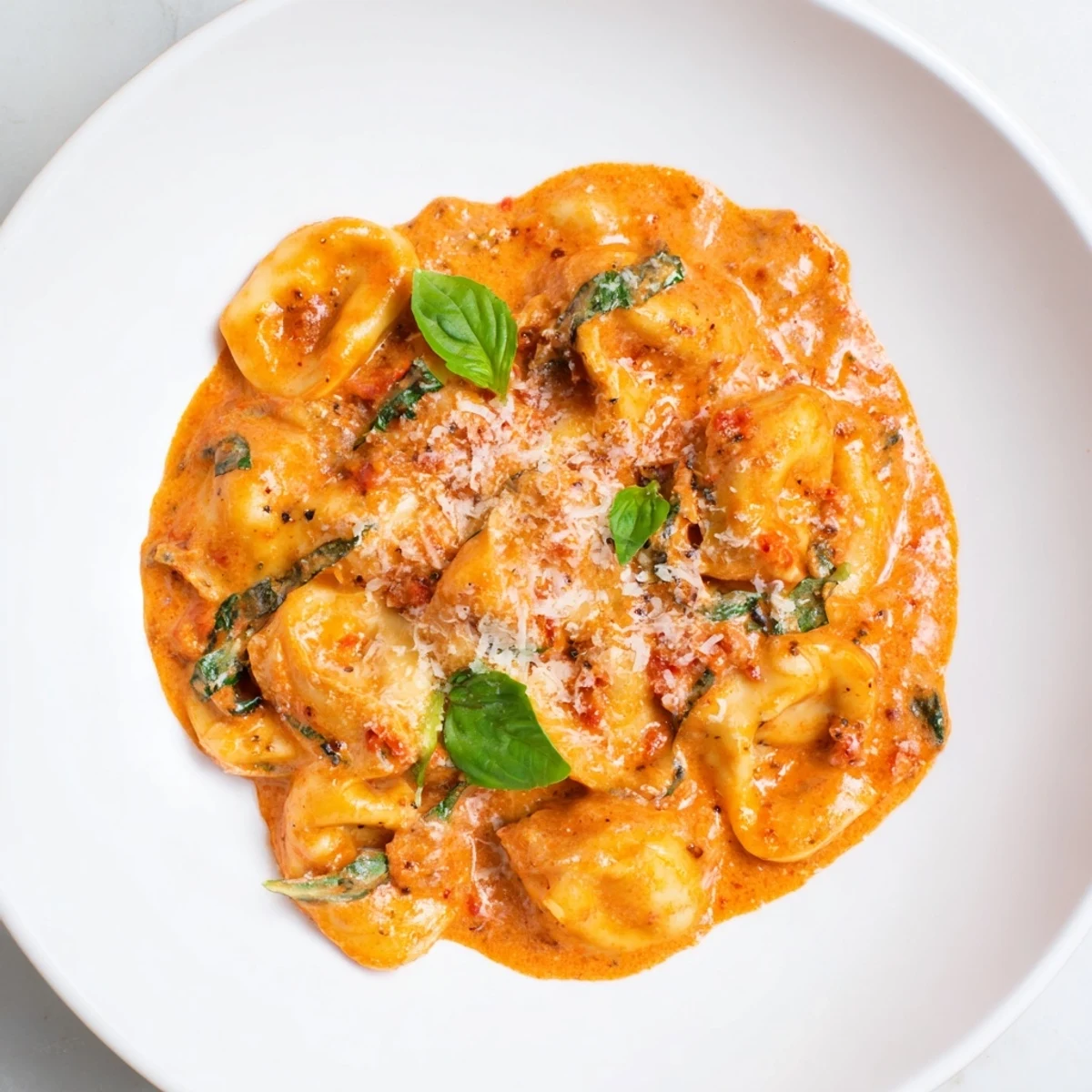 A steaming bowl of One Pot Creamy Tomato Tortellini, garnished with fresh basil and Parmesan.