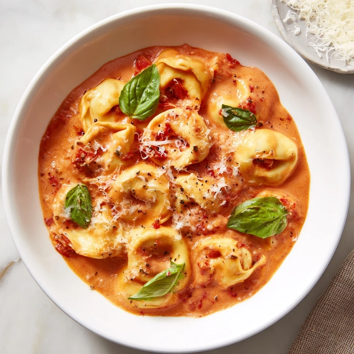 Close-up of a bubbling One Pot Creamy Tomato Tortellini, smelling of garlic and herbs; ready to eat.