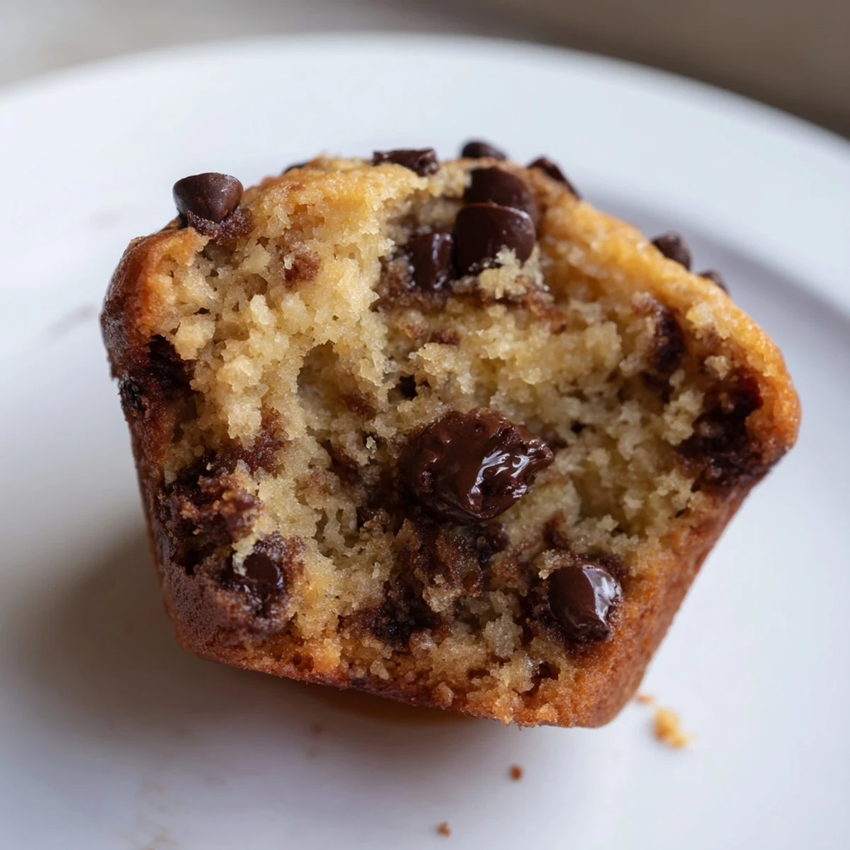 Fluffy chocolate chip banana bread muffins, golden brown and smelling deliciously of baked bananas.