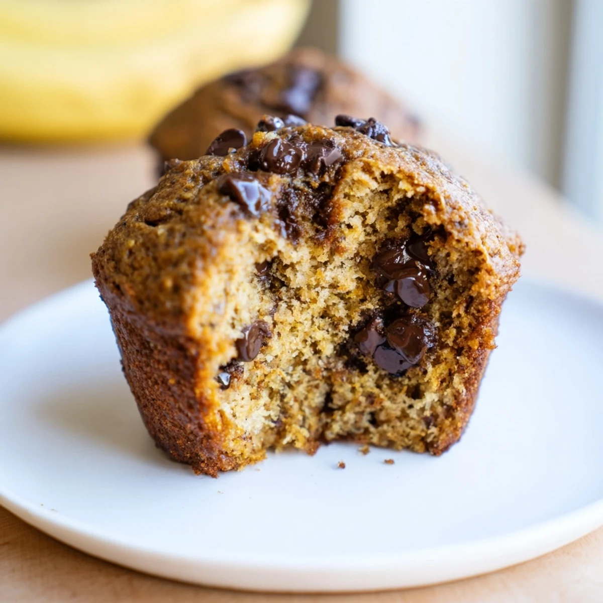 Close-up of moist chocolate chip banana bread muffins, seeing the chocolate chips perfectly distributed throughout.