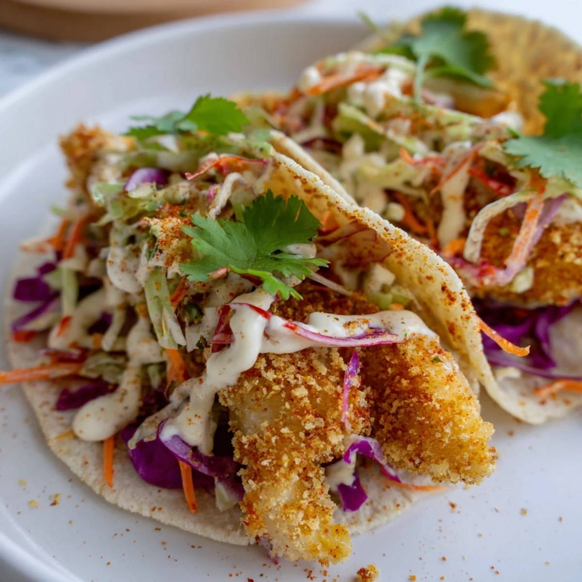 Imagine the fresh, creamy flavors: shredded cabbage slaw with zesty crispy fish tacos ready to eat!