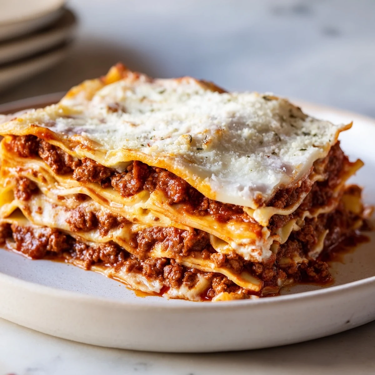 Golden, bubbly Classic Beef Lasagna with a cheesy crust, beckoning you to dive in.