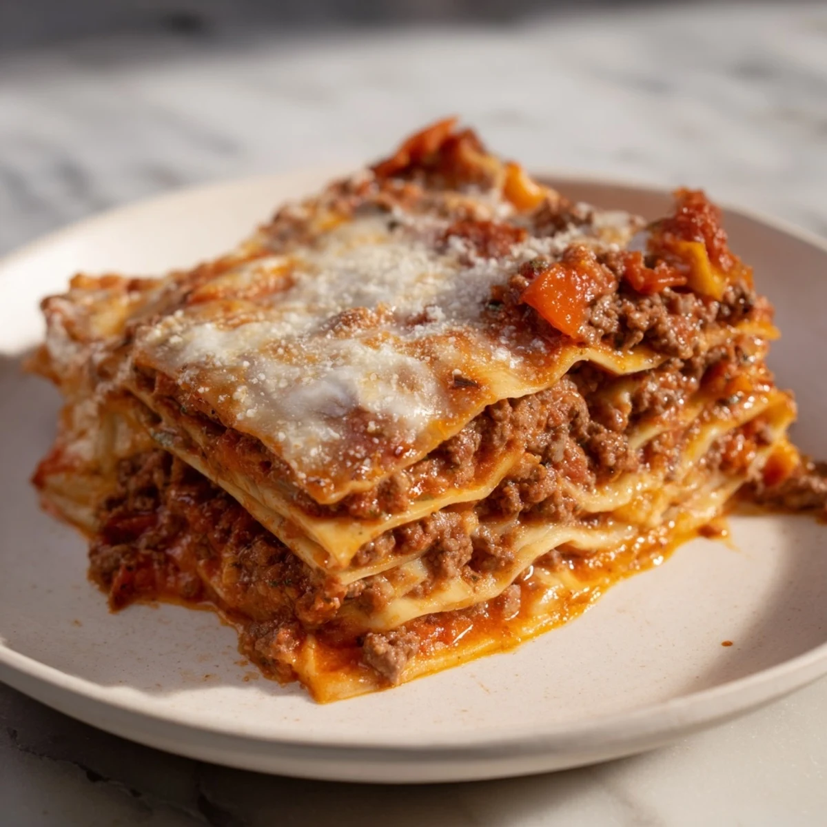 Steaming hot layers of Classic Beef Lasagna, with rich meat sauce and creamy béchamel, a real comfort food meal.
