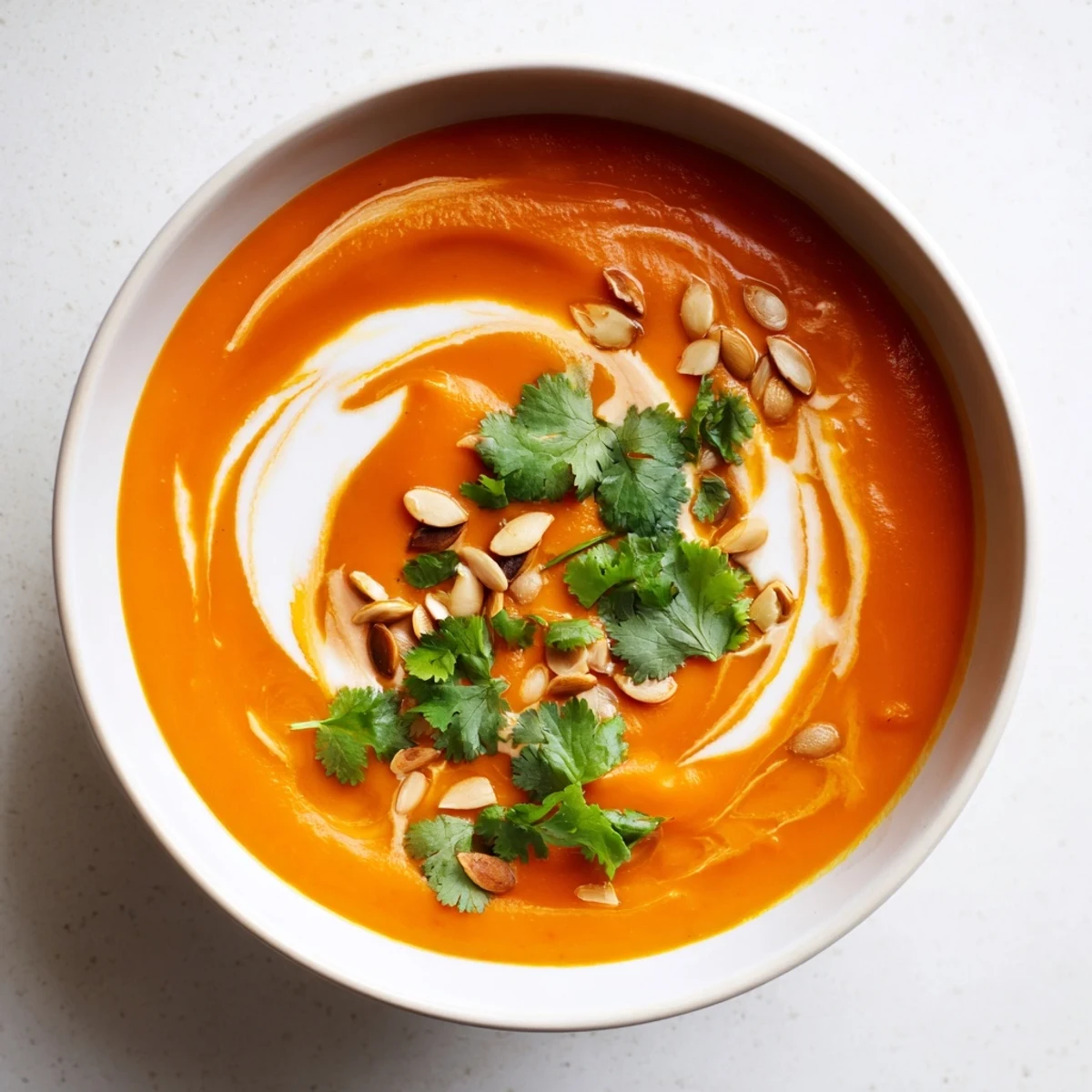 Warm Roasted Carrot and Ginger Soup, garnished with vibrant cilantro, ready to be served.
