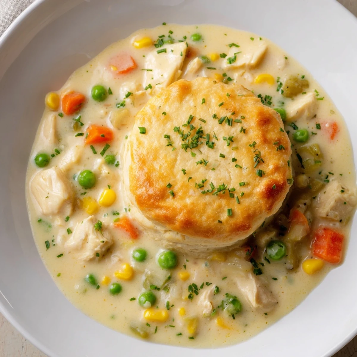 Golden, flaky biscuits crown a hearty bowl of Chicken Pot Pie Soup, perfect for a cozy dinner.