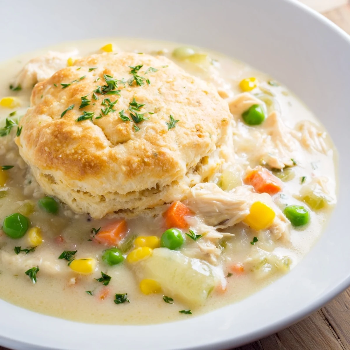 Steaming Chicken Pot Pie Soup with fluffy biscuit topping, imagine its comforting warmth on a cold day.