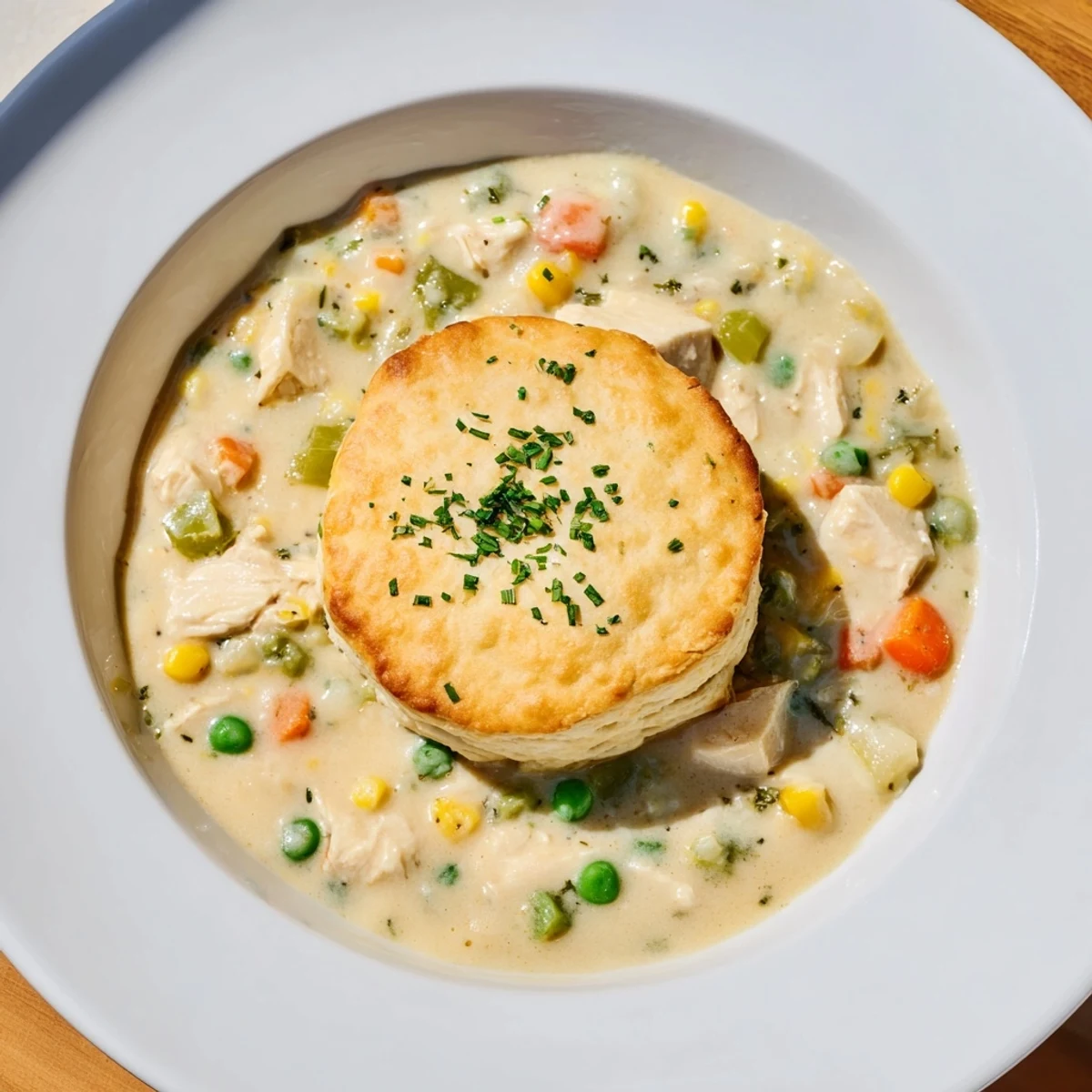 Creamy Chicken Pot Pie Soup, filled with vegetables, is topped with warm, buttery, freshly baked biscuits.