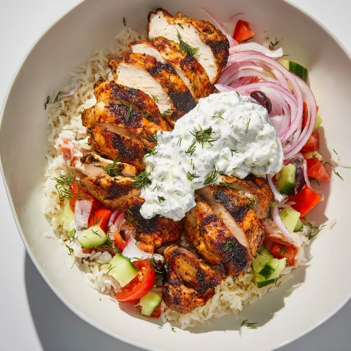 Golden, grilled Greek Chicken Gyro Bowls with fresh ingredients and a creamy tzatziki sauce.