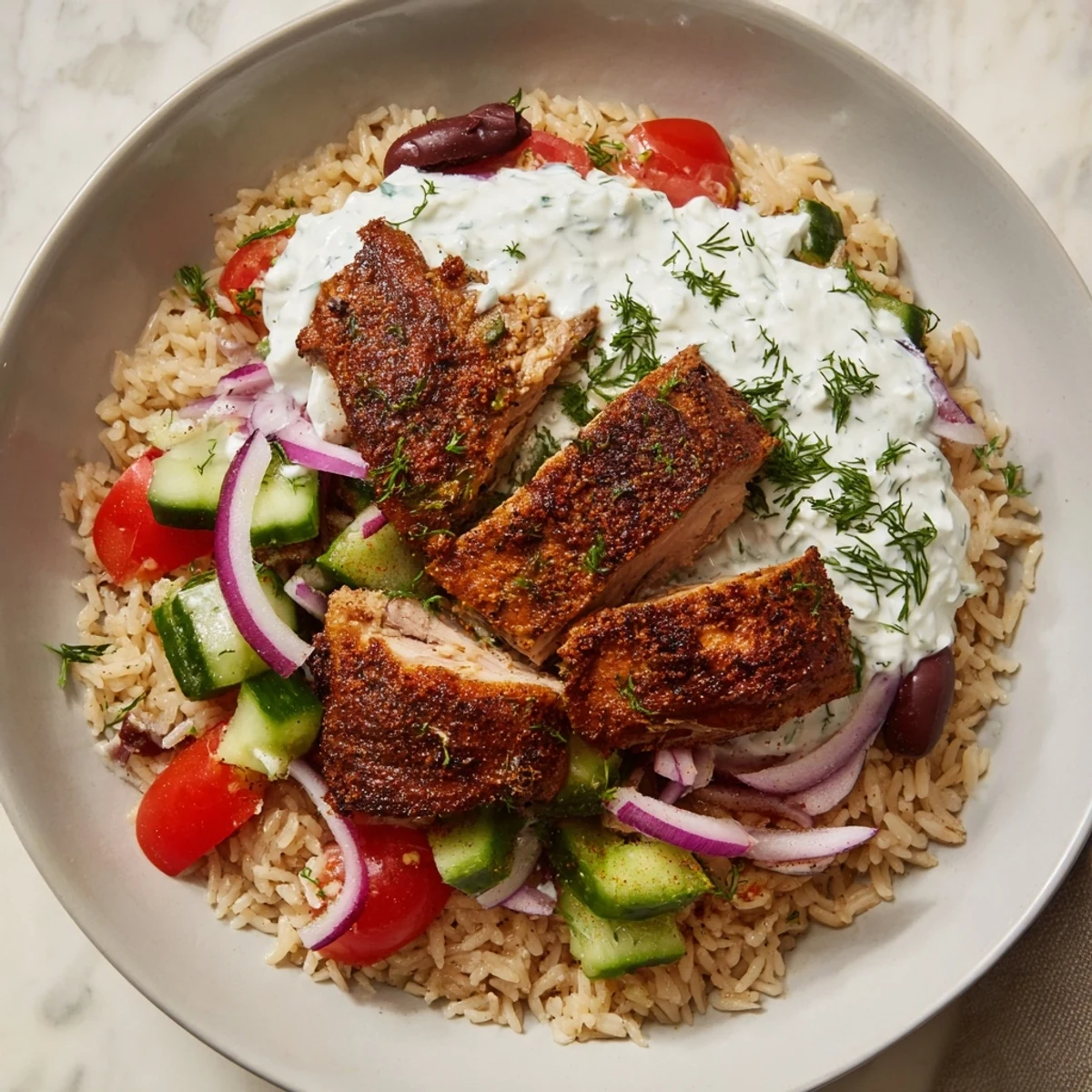 Enjoy a close-up of tender Greek Chicken Gyro Bowls, showcasing the vibrant, colorful layers.