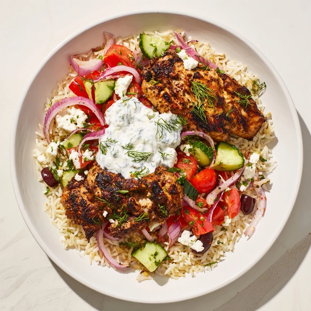 A bright overhead shot displays flavorful Greek Chicken Gyro Bowls ready to be enjoyed.