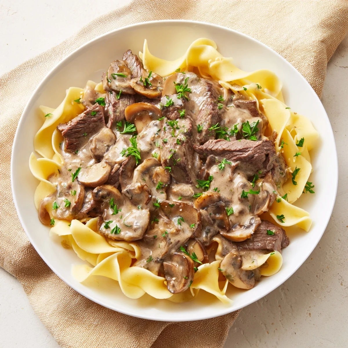 Beef Stroganoff over egg noodles, a hearty meal of tender beef in a rich, creamy mushroom sauce.