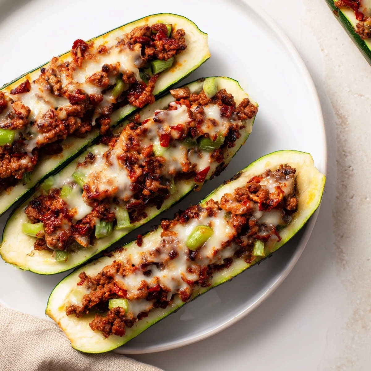 Golden, bubbly Zucchini Boats Stuffed with Ground Beef, a savory low-carb baked meal, perfect for dinner.