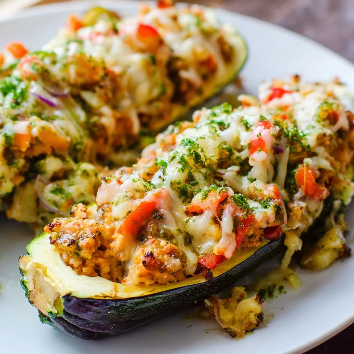 Steaming hot Zucchini Boats with flavorful ground beef and melted cheese, a delicious American family-friendly recipe.