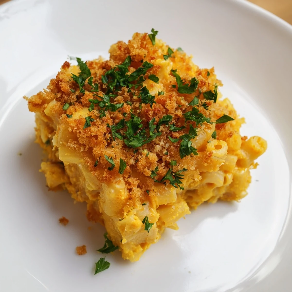 Creamy Vegan Butternut Squash Mac and Cheese topped with crunchy panko breadcrumbs, bubbling after a quick broil.