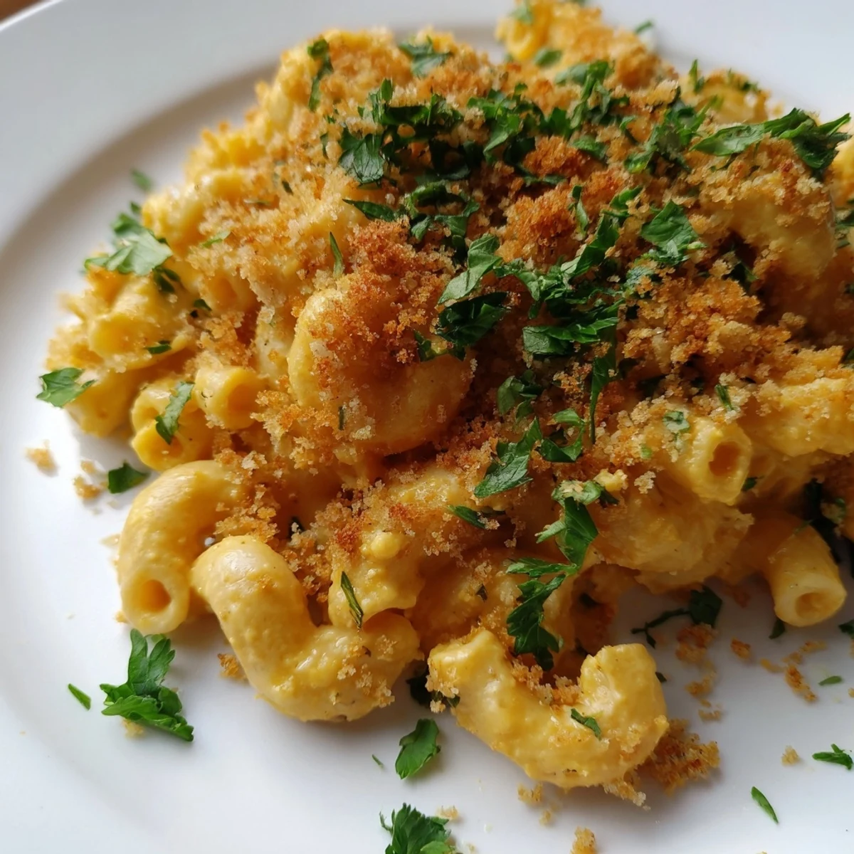 Steaming, golden Vegan Butternut Squash Mac and Cheese in a rustic bowl, ready to be served with fresh parsley.