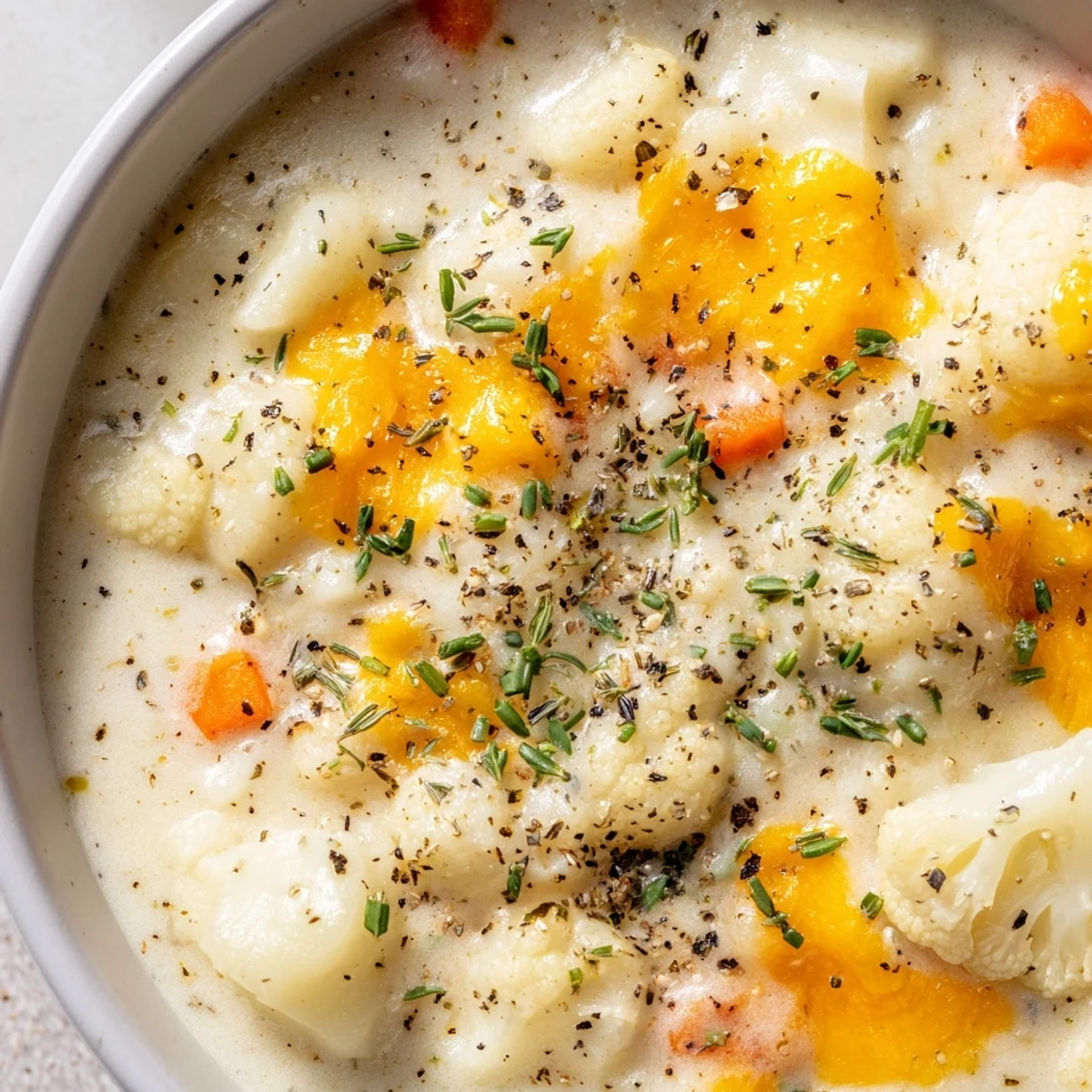 A spoon dipping into Creamy Cauliflower Chowder with Cheddar Cheese, revealing a velvety, vegetable-rich texture.