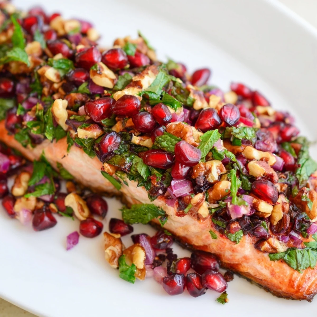 Flaky oven-baked salmon seasoned with lemon and olive oil, served with a tangy pomegranate walnut salsa.