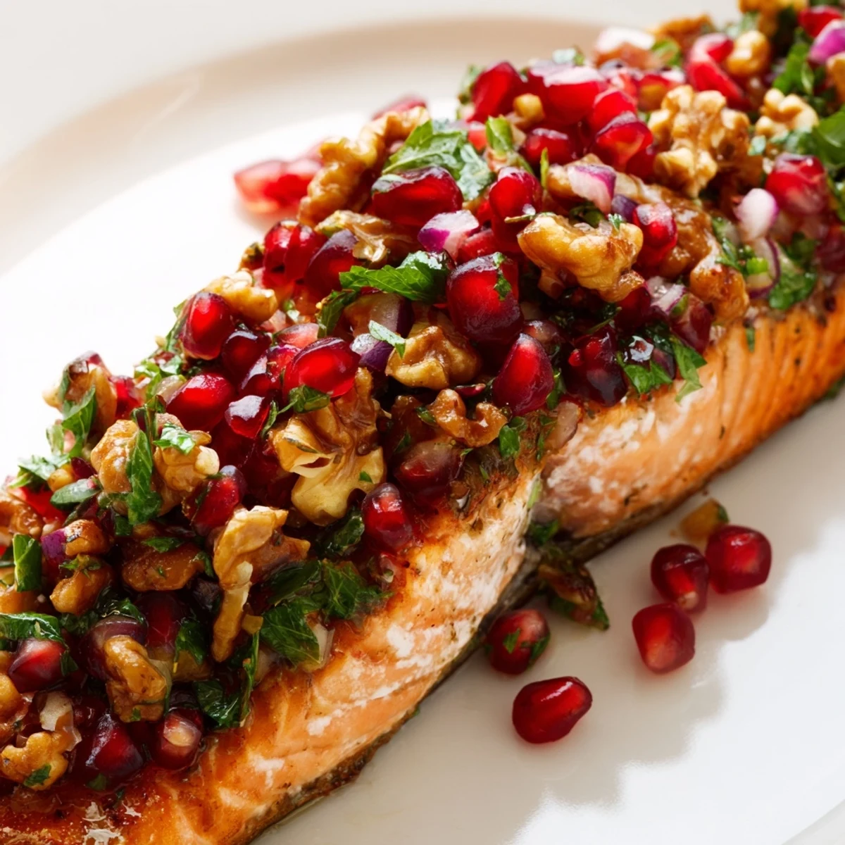Gluten-free Mediterranean Baked Salmon with Pomegranate Walnut Salsa plated on a white dish ready to serve.