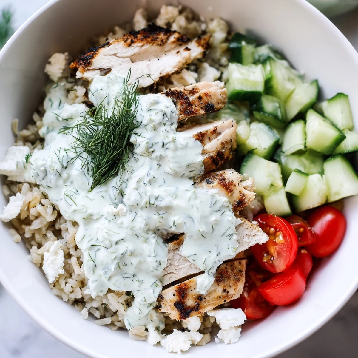 Freshly grilled Greek Chicken Gyro Bowls topped with creamy tzatziki sauce and a colorful array of crisp veggies.