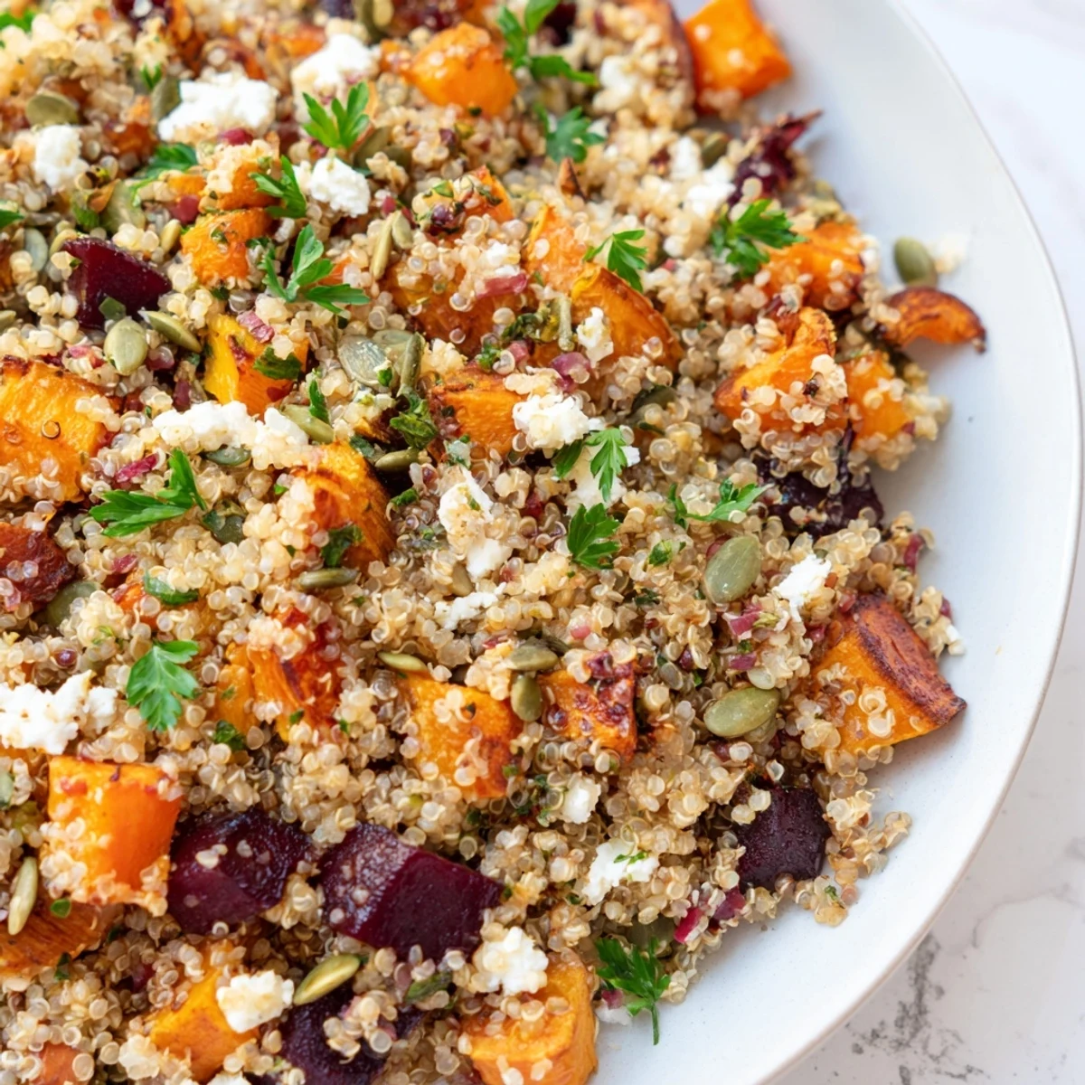 Warm Quinoa Salad with Roasted Root Vegetables garnished with fresh parsley and toasted pumpkin seeds served in a rustic bowl.