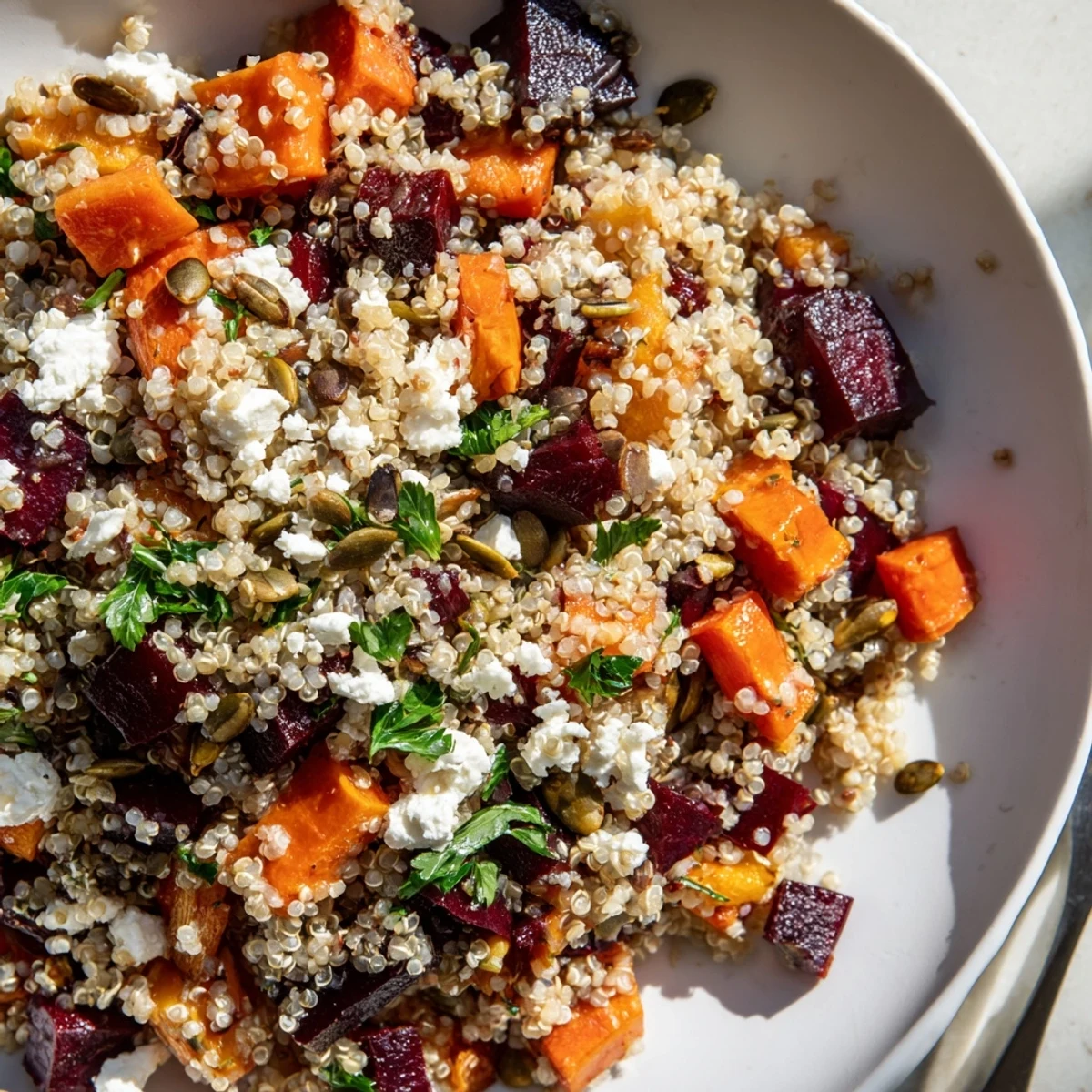 Healthy vegetarian warm quinoa salad with roasted root vegetables drizzled with apple cider vinaigrette and fresh herbs.