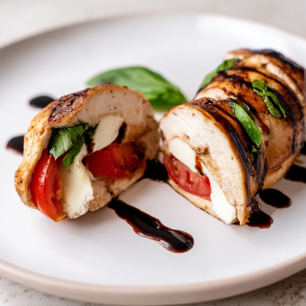 Golden-browned Caprese Stuffed Chicken Breast sliced open, revealing melted mozzarella, juicy tomato, and fresh basil.