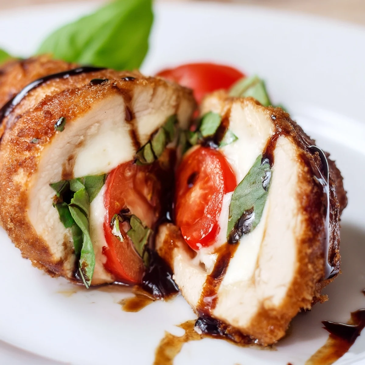 Pan-seared Caprese Stuffed Chicken Breast topped with bubbling cheese, tomato, and basil, ready for a weeknight dinner.