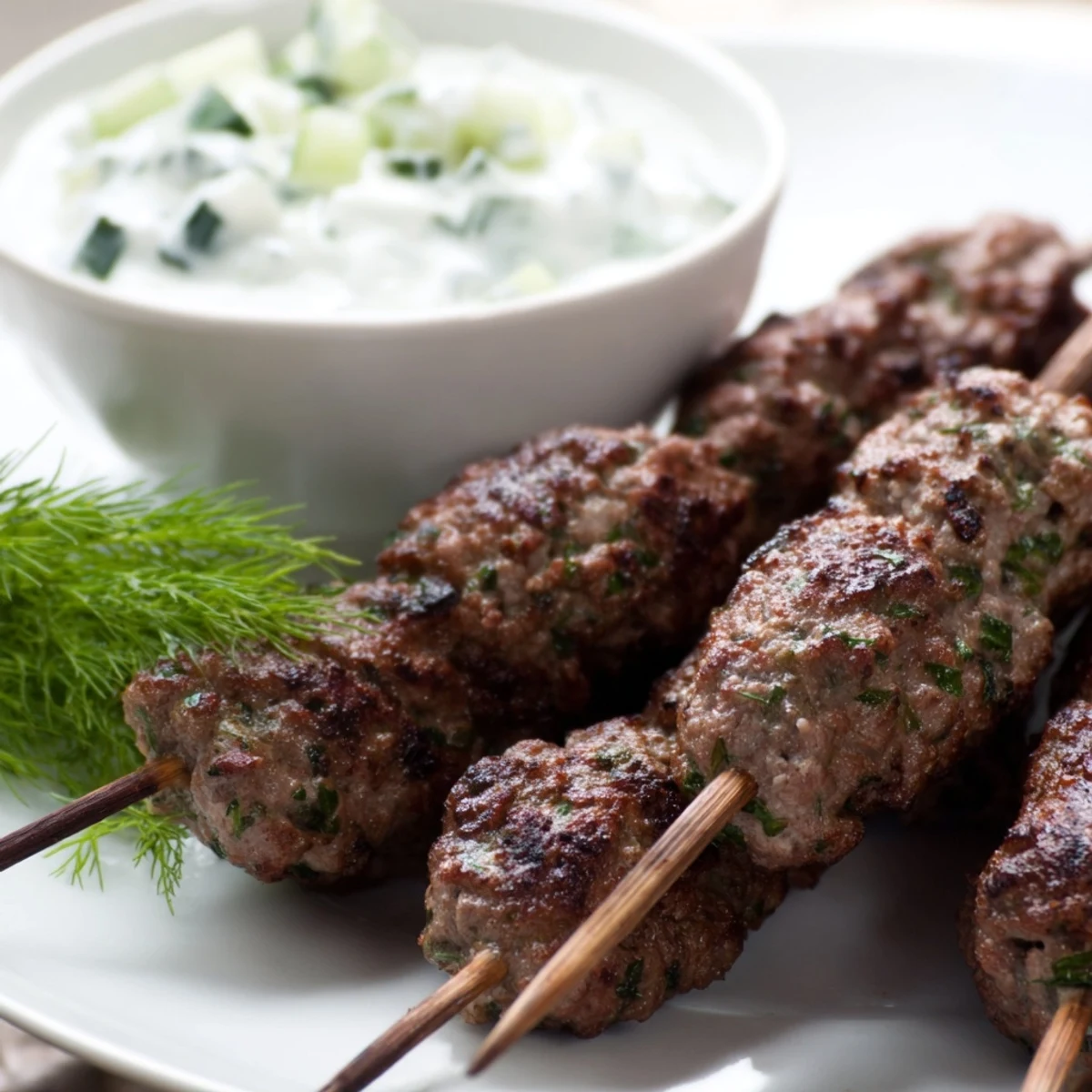 Golden brown beef kofta kebabs are grilled and served with a creamy cucumber yogurt dip, perfect for a summer barbecue.