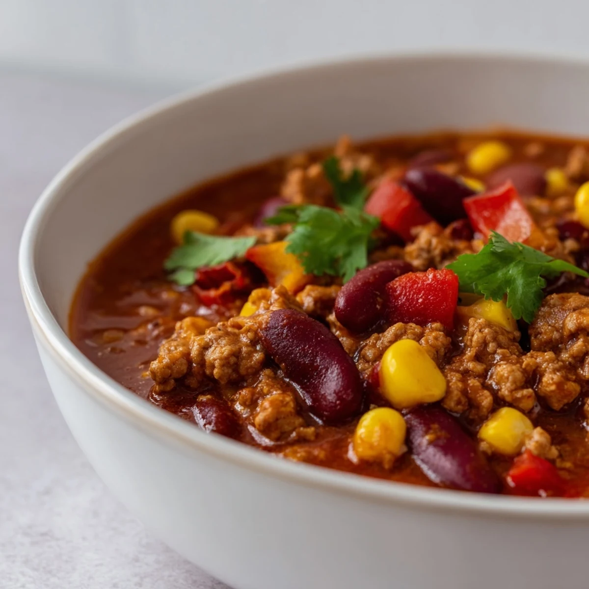 A steaming bowl of Turkey Chili with Kidney Beans and Corn topped with fresh cilantro.