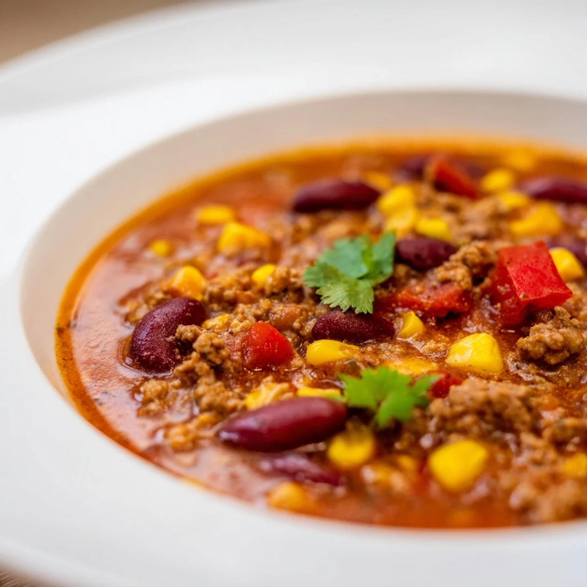 Ground turkey, kidney beans, and sweet corn simmer in a rich, savory tomato base in a Dutch oven.