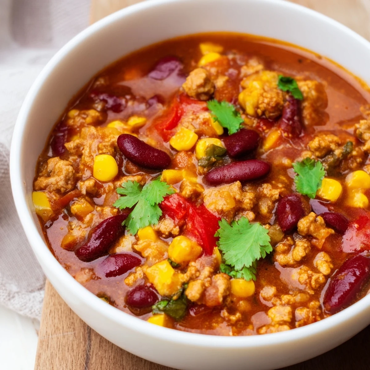 Hearty Turkey Chili with Kidney Beans and Corn served hot alongside warm cornbread for dipping.