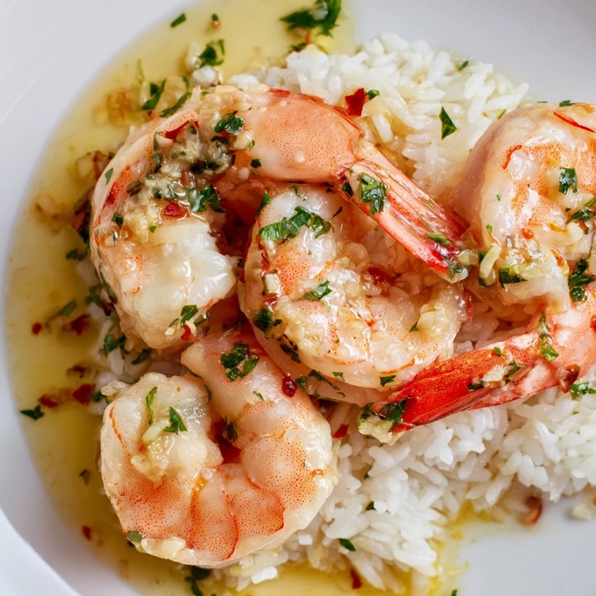 Fluffy white rice topped with succulent Lemon Garlic Shrimp in a bright, zesty butter sauce.