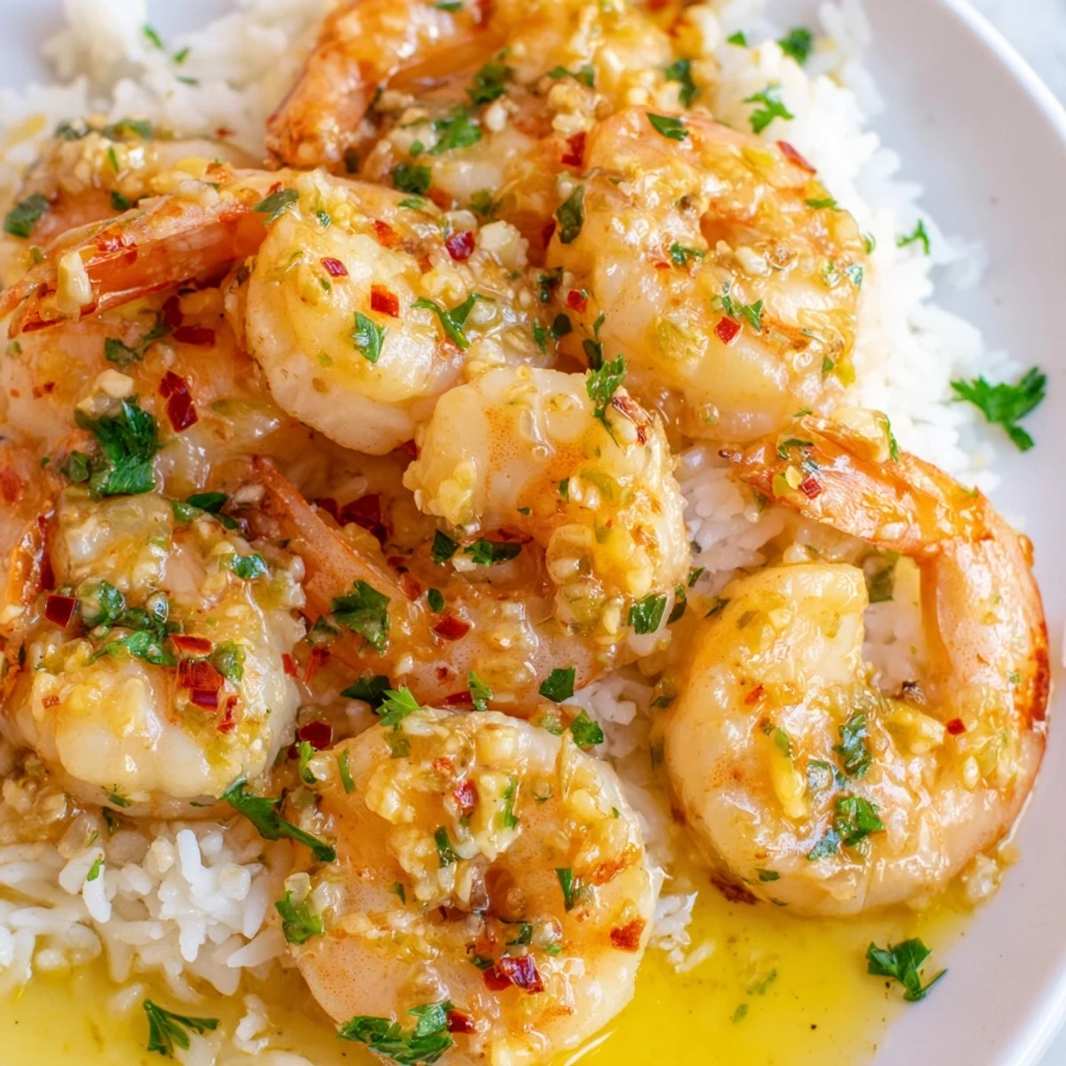A dinner plate holding tender Lemon Garlic Shrimp tossed in lemony sauce next to steamed veggies and rice.