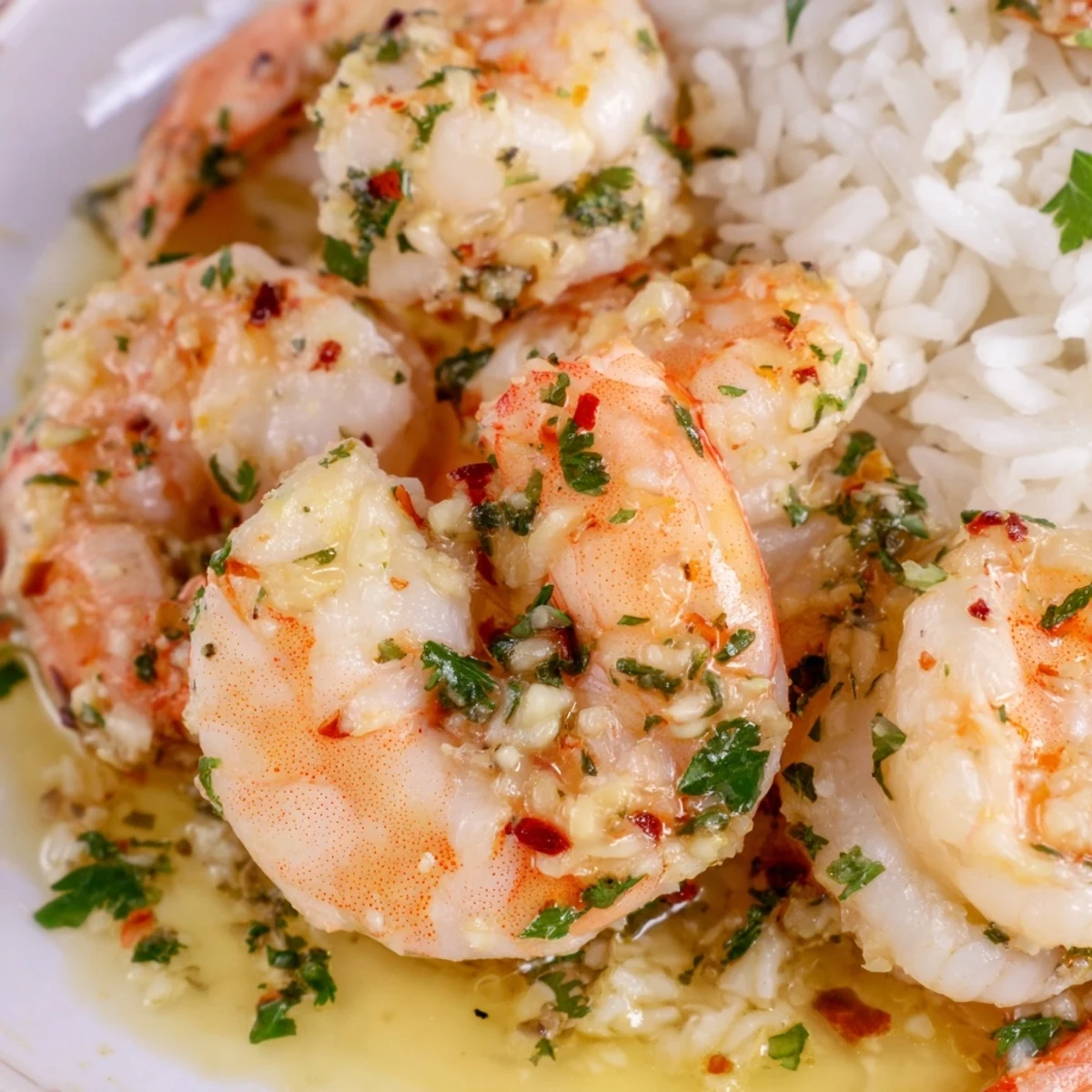 Sizzling Lemon Garlic Shrimp with minced garlic and parsley, served over a warm bed of rice.