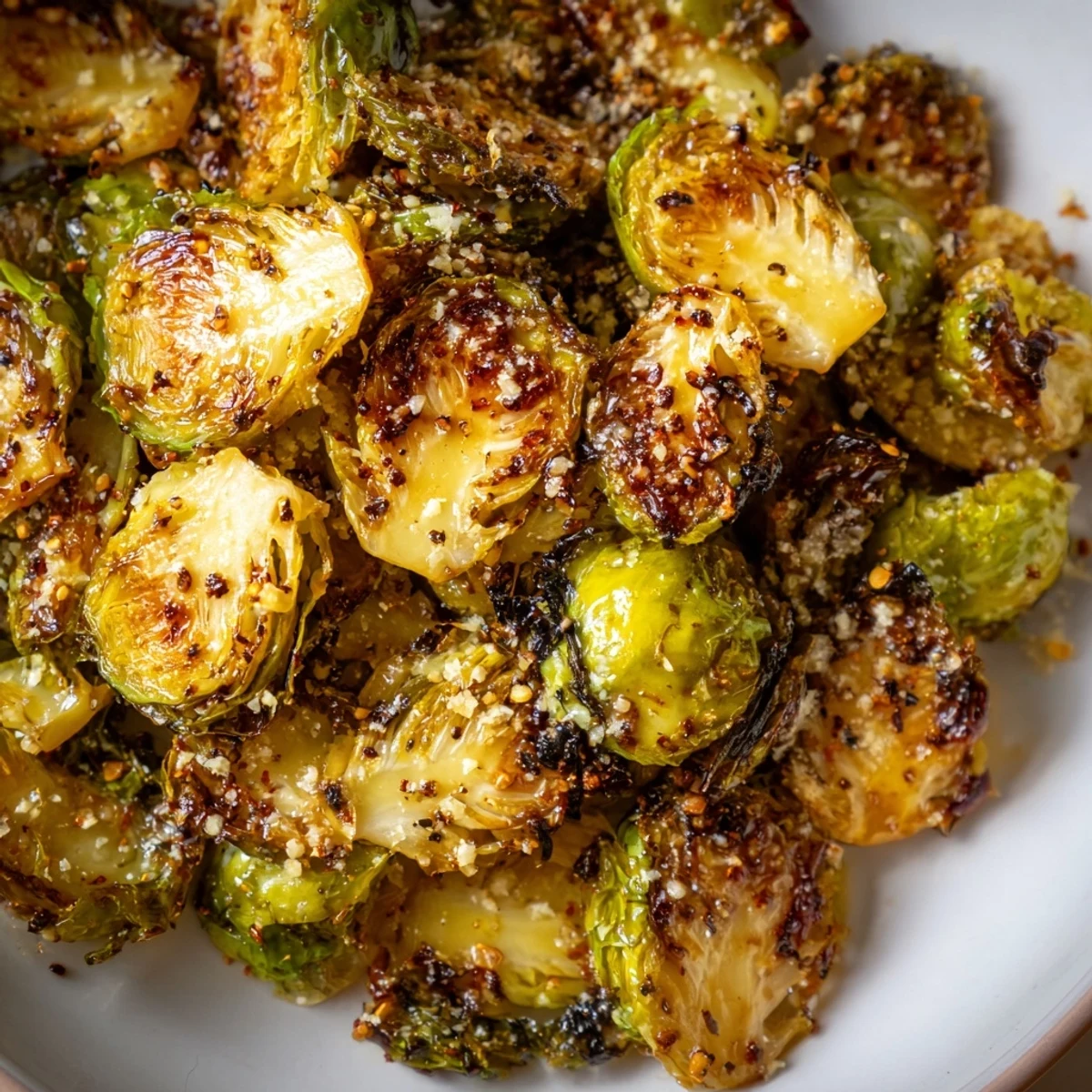 Golden brown roasted Brussels sprouts with crispy edges, drizzled with tangy balsamic glaze and served as a savory side dish.