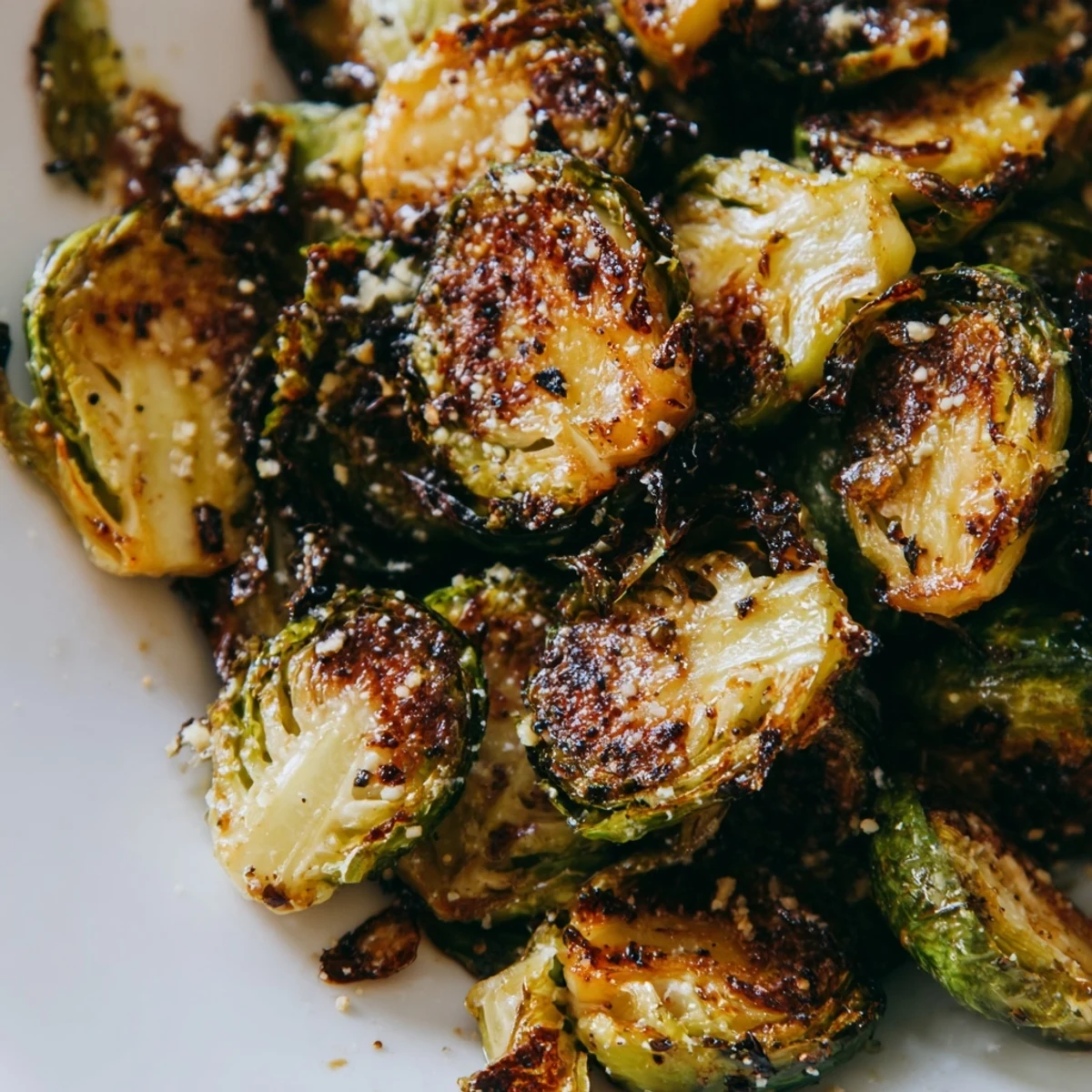 Caramelized roasted Brussels sprouts tossed in a balsamic glaze, topped with Parmesan cheese and placed on a white plate.