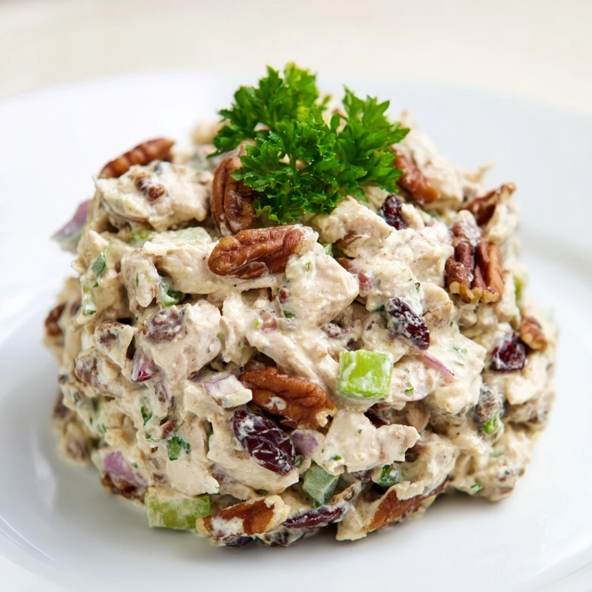 Creamy chicken salad with pecans and cranberries served crisp over fresh greens, ready to enjoy.