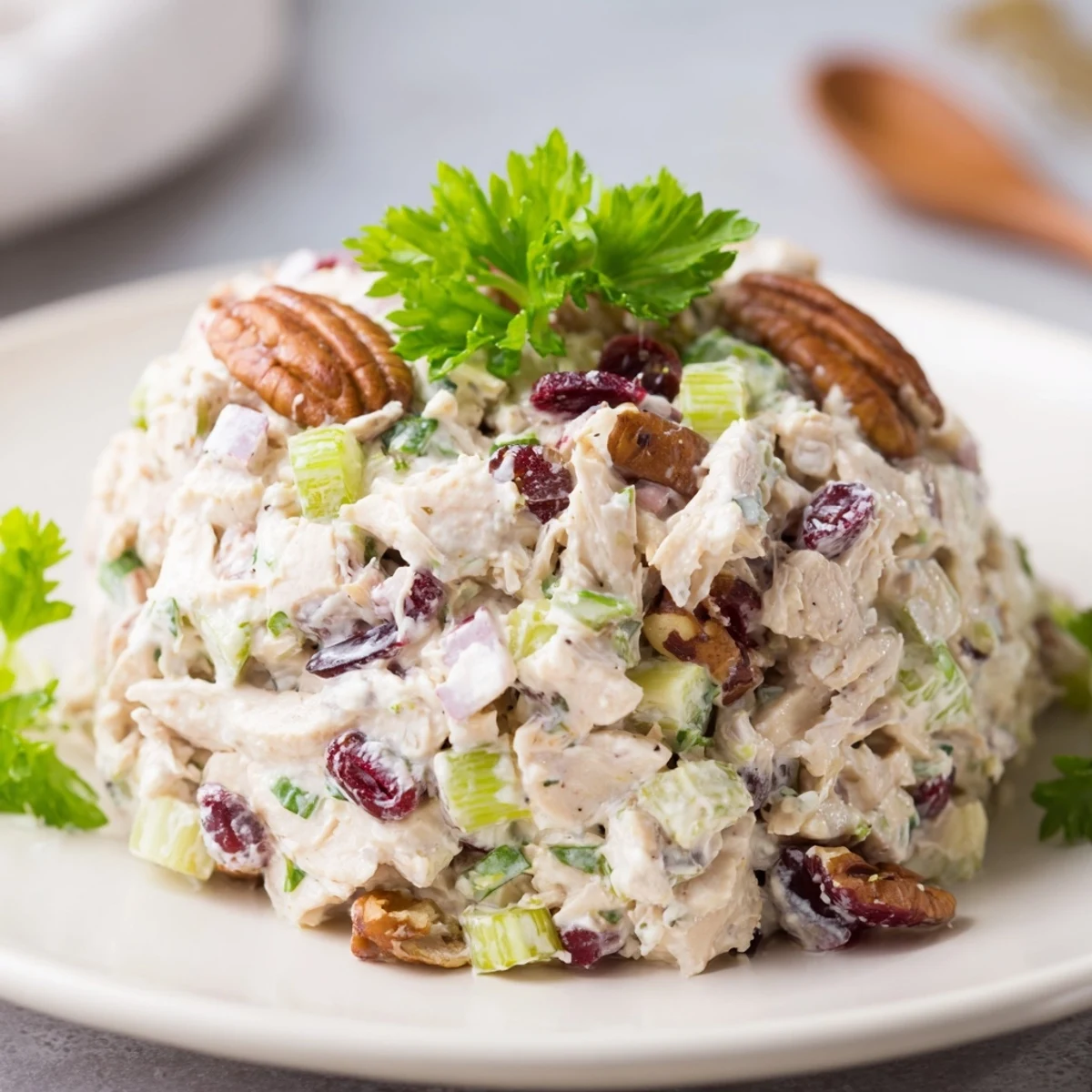 Chilled chicken salad with pecans and cranberries, perfect for sandwich filling or lettuce wraps.