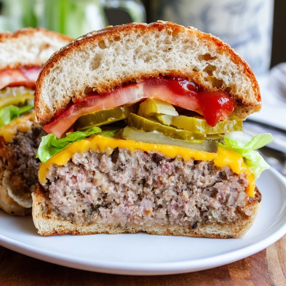 Perfectly cooked Turkey Burger with Cheese and Pickles, featuring a juicy patty and crisp dill pickles served with sweet potato fries.