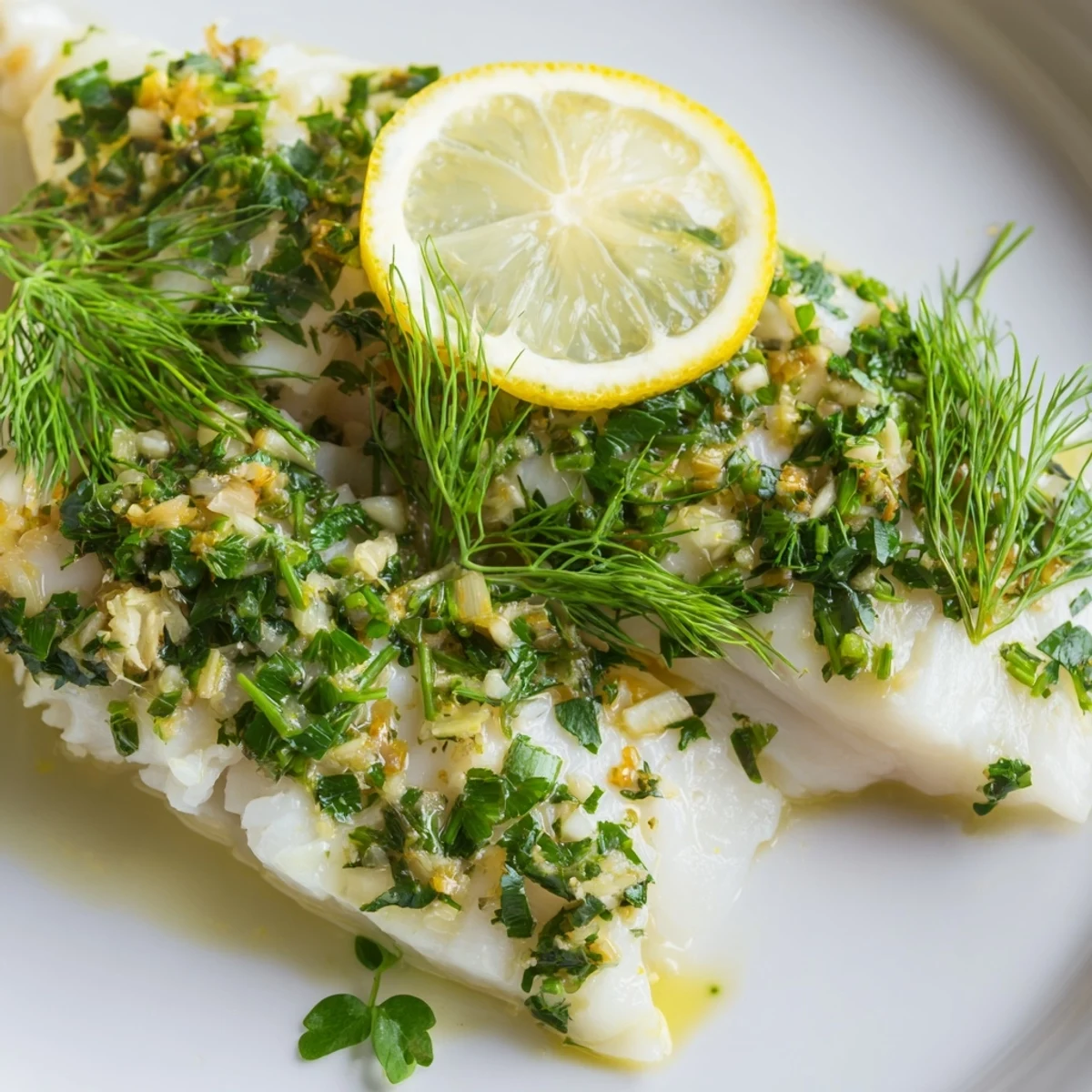 Four servings of Baked Cod with Herbs and Lemon paired with roasted potatoes and asparagus, bright and zesty Mediterranean flavors.