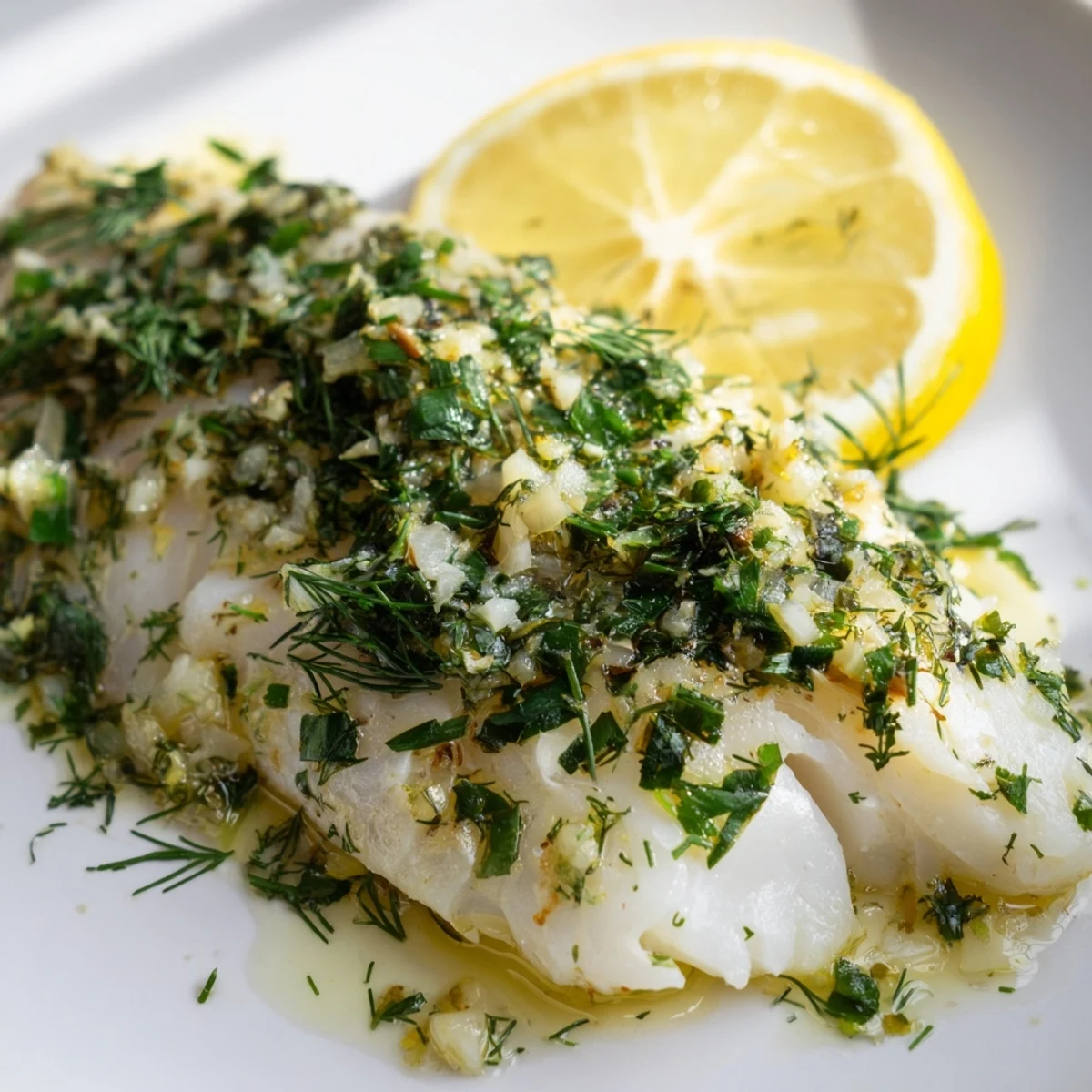 Golden-brown Baked Cod with Herbs and Lemon, flaky and tender, garnished with fresh parsley and lemon slices on a plate.