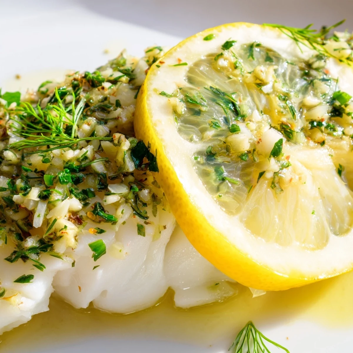 Close-up of Baked Cod with Herbs and Lemon in a baking dish, showing herb marinade and bubbling garlic olive oil.