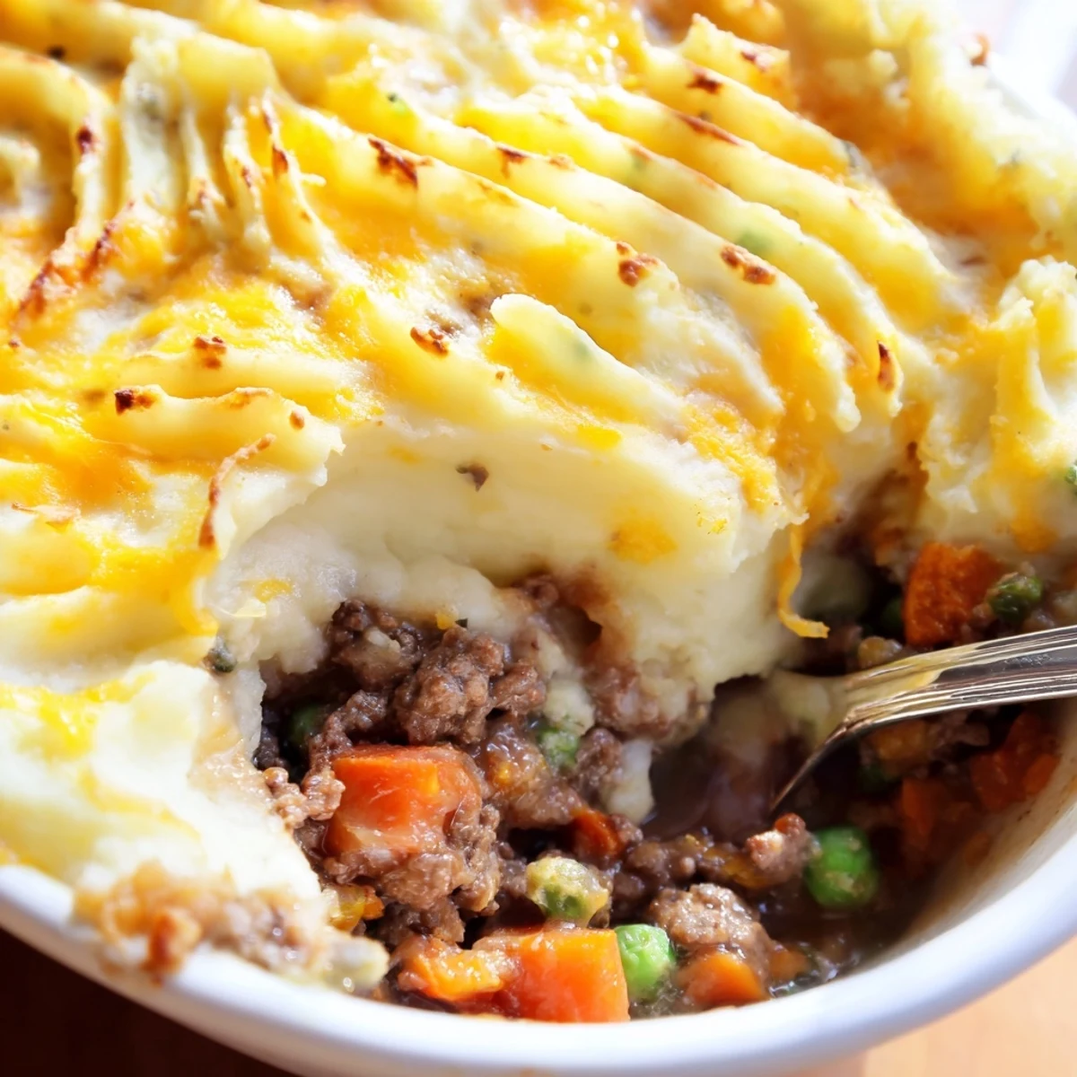 A rustic casserole of savory ground beef filling crowned with creamy, cheesy mashed potatoes.