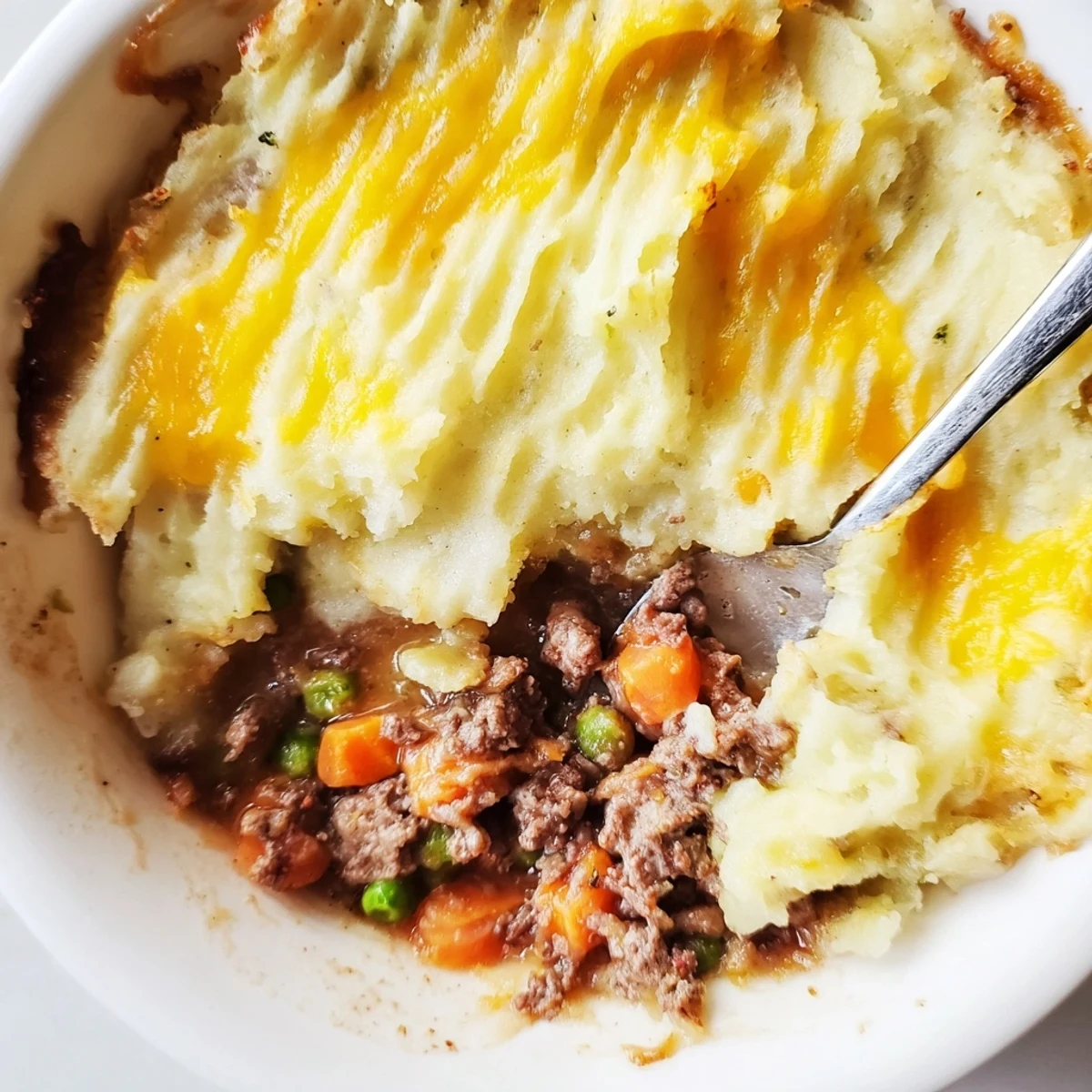 Golden-brown Beef Shepherds Pie with Peas and Carrots bubbling from the oven in a dish.