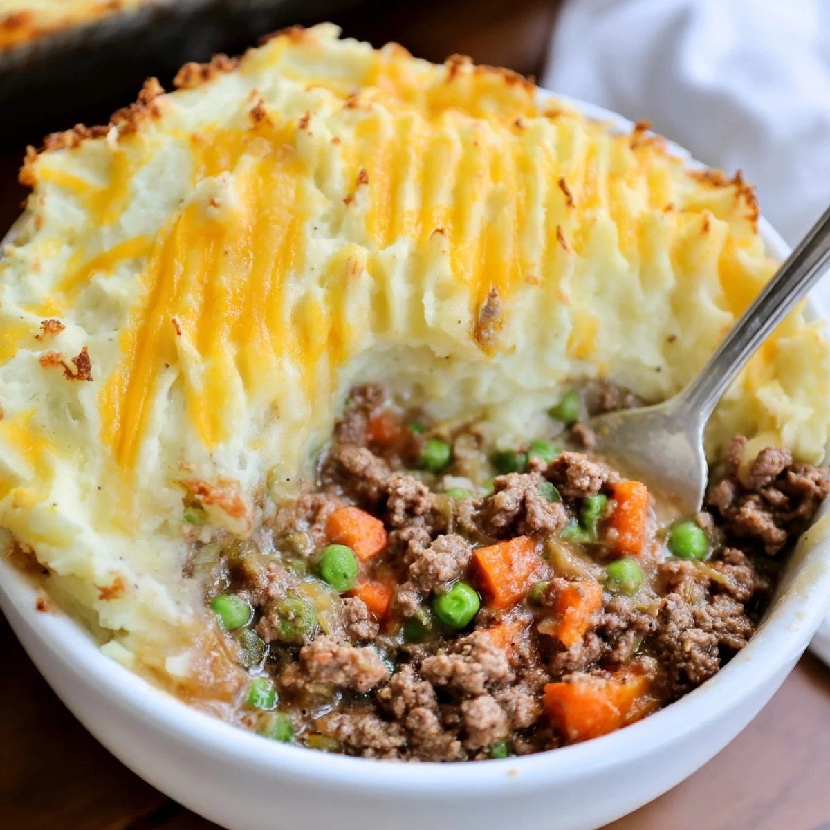 Comforting serving of Beef Shepherds Pie with Peas and Carrots on a plate, ready to eat.
