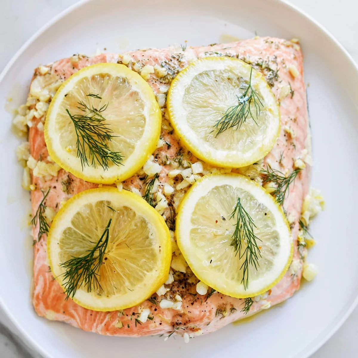 Freshly baked salmon fillets topped with lemon slices and dill, resting on a baking sheet, ready to serve.