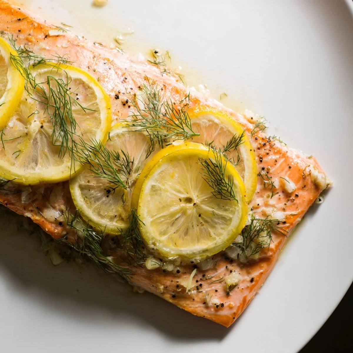 Flaky, moist Baked Salmon with Lemon and Dill served alongside roasted asparagus and potatoes for a complete meal.