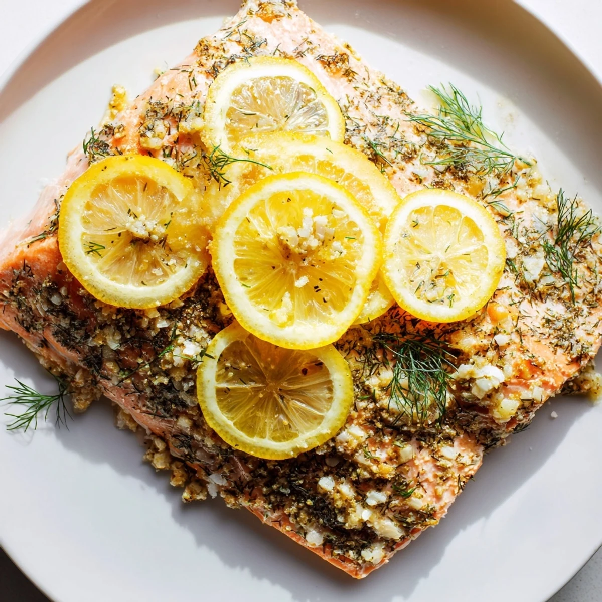 Close-up shot of golden Baked Salmon with Lemon and Dill, highlighting the fresh herbs and zesty citrus garnish.