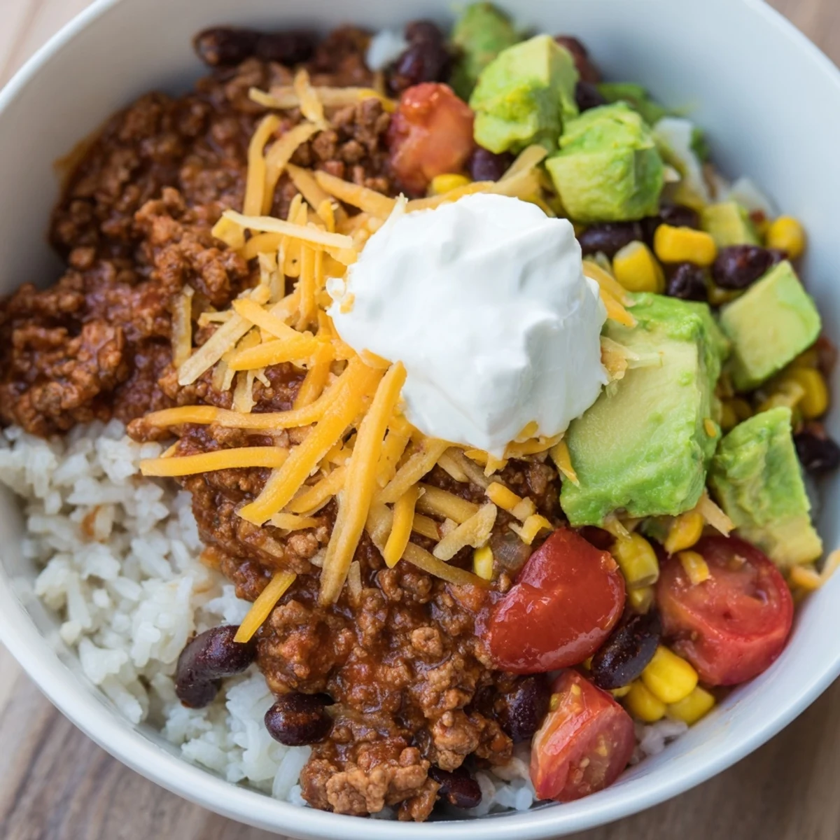 Fork-tender spiced beef and fluffy cilantro-lime rice piled high in a Beef Burrito Bowl with melted cheese.