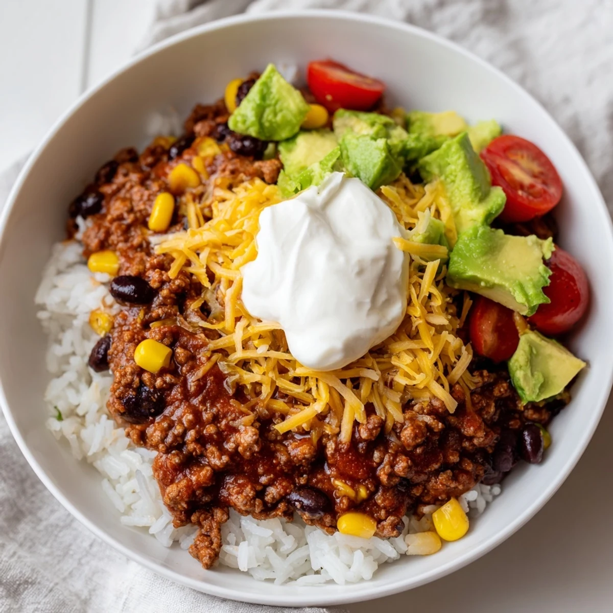 A hearty Mexican-inspired dinner topped with sweet corn, creamy avocado, and black beans for a satisfying meal.